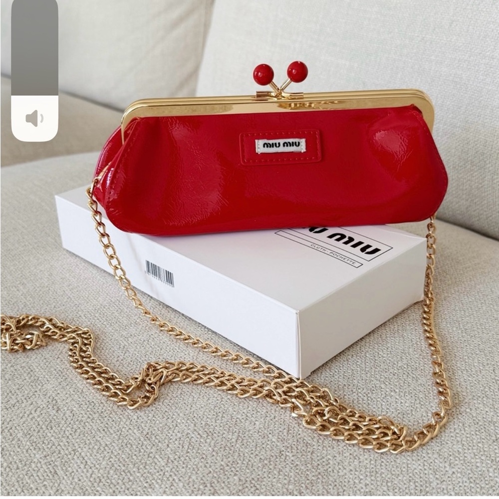 Miu Miu Glossy Red Clutch with Gold Chain